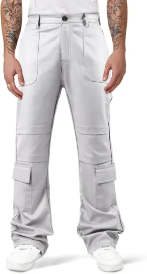 GINGTTO Mens Faux Leather Cargo Pants Flared Bell Bottoms with Pockets for Men 70s Party Pants