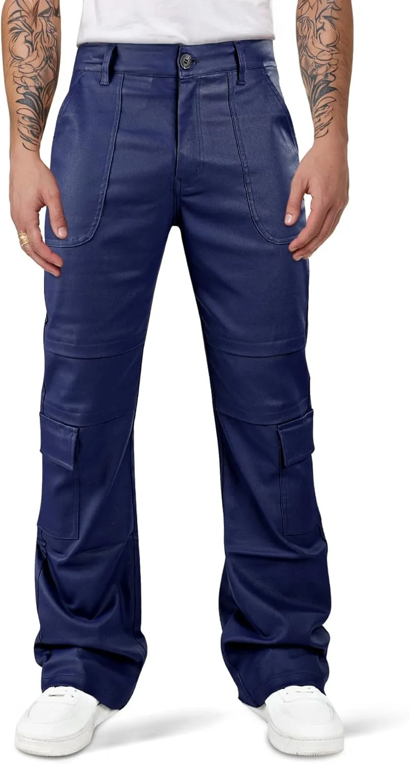 GINGTTO Mens Faux Leather Cargo Pants Flared Bell Bottoms with Pockets for Men 70s Party Pants