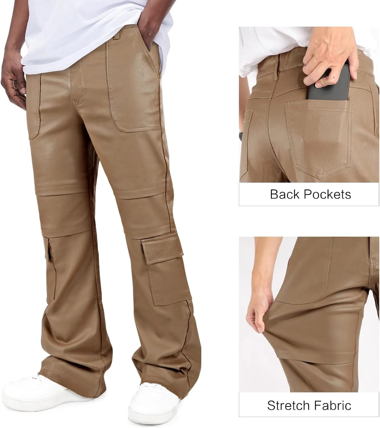 GINGTTO Mens Faux Leather Cargo Pants Flared Bell Bottoms with Pockets for Men 70s Party Pants