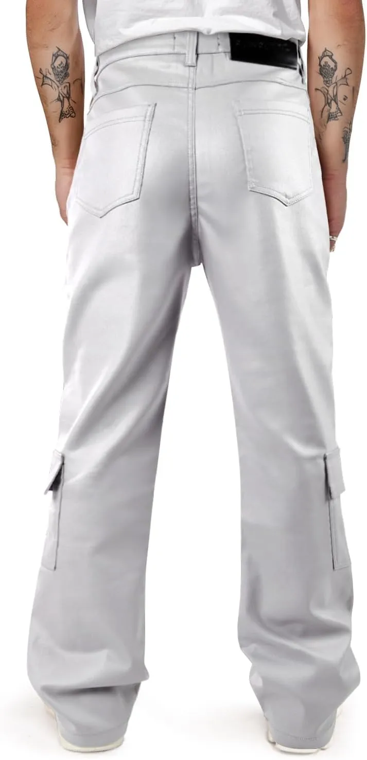 GINGTTO Mens Faux Leather Cargo Pants Flared Bell Bottoms with Pockets for Men 70s Party Pants