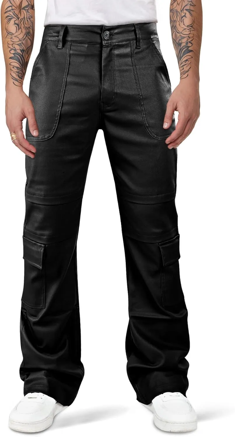 GINGTTO Mens Faux Leather Cargo Pants Flared Bell Bottoms with Pockets for Men 70s Party Pants