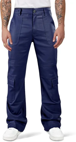 GINGTTO Mens Faux Leather Cargo Pants Flared Bell Bottoms with Pockets for Men 70s Party Pants