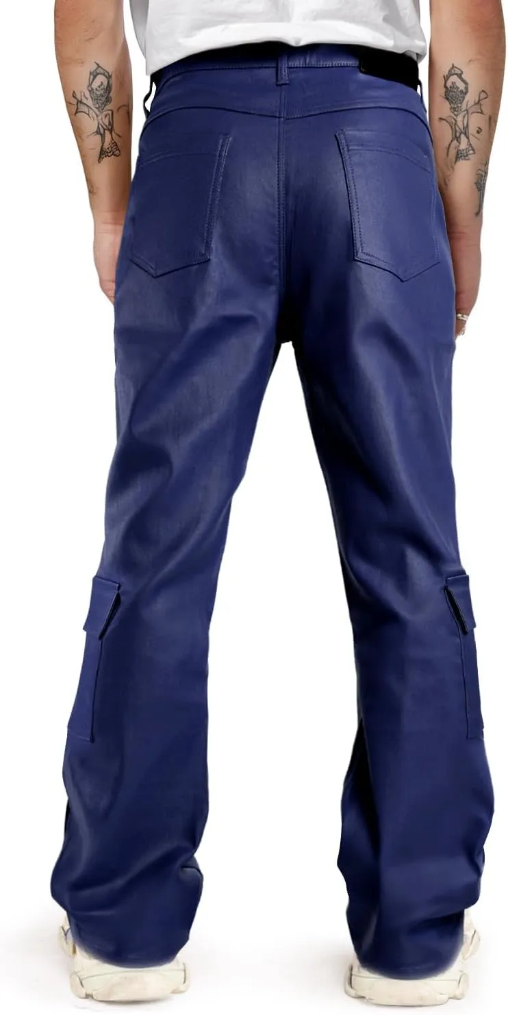 GINGTTO Mens Faux Leather Cargo Pants Flared Bell Bottoms with Pockets for Men 70s Party Pants