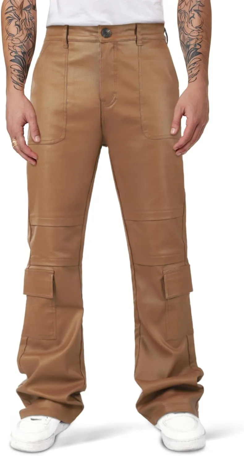 GINGTTO Mens Faux Leather Cargo Pants Flared Bell Bottoms with Pockets for Men 70s Party Pants