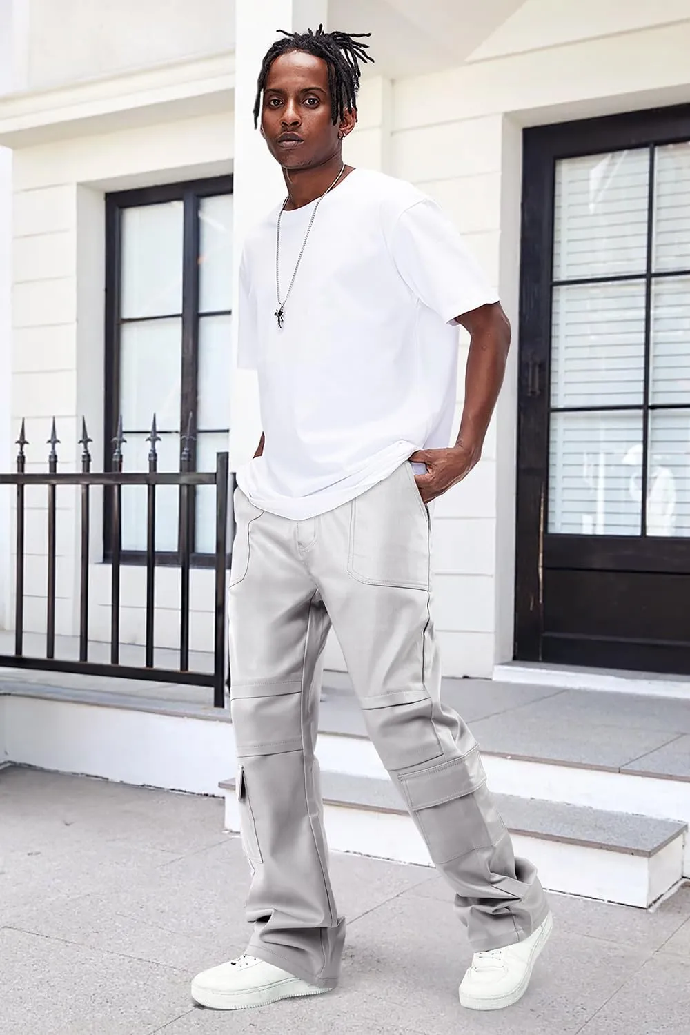 GINGTTO Mens Faux Leather Cargo Pants Flared Bell Bottoms with Pockets for Men 70s Party Pants