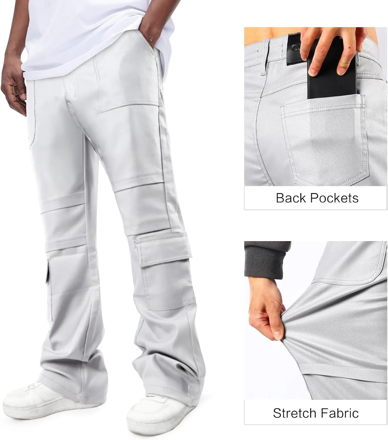 GINGTTO Mens Faux Leather Cargo Pants Flared Bell Bottoms with Pockets for Men 70s Party Pants