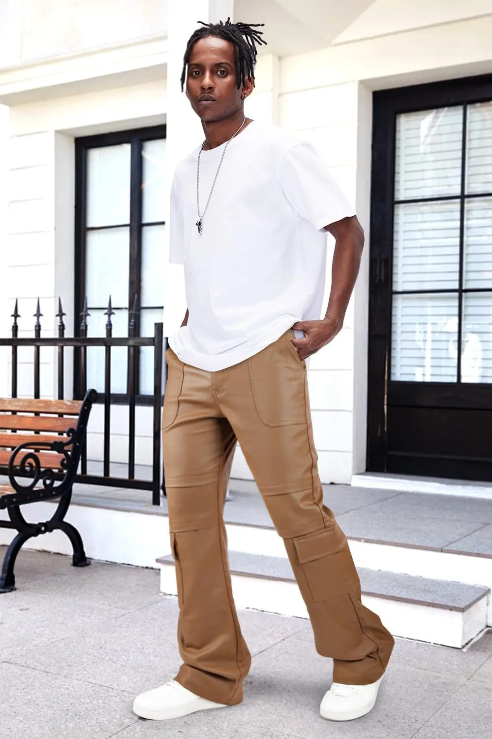 GINGTTO Mens Faux Leather Cargo Pants Flared Bell Bottoms with Pockets for Men 70s Party Pants
