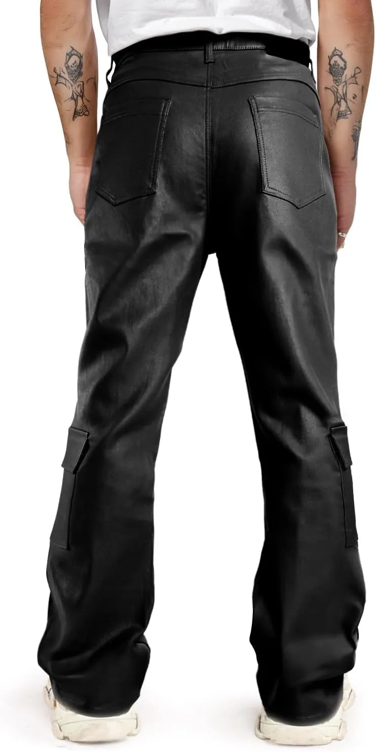 GINGTTO Mens Faux Leather Cargo Pants Flared Bell Bottoms with Pockets for Men 70s Party Pants