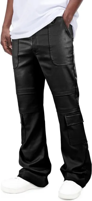 GINGTTO Mens Faux Leather Cargo Pants Flared Bell Bottoms with Pockets for Men 70s Party Pants