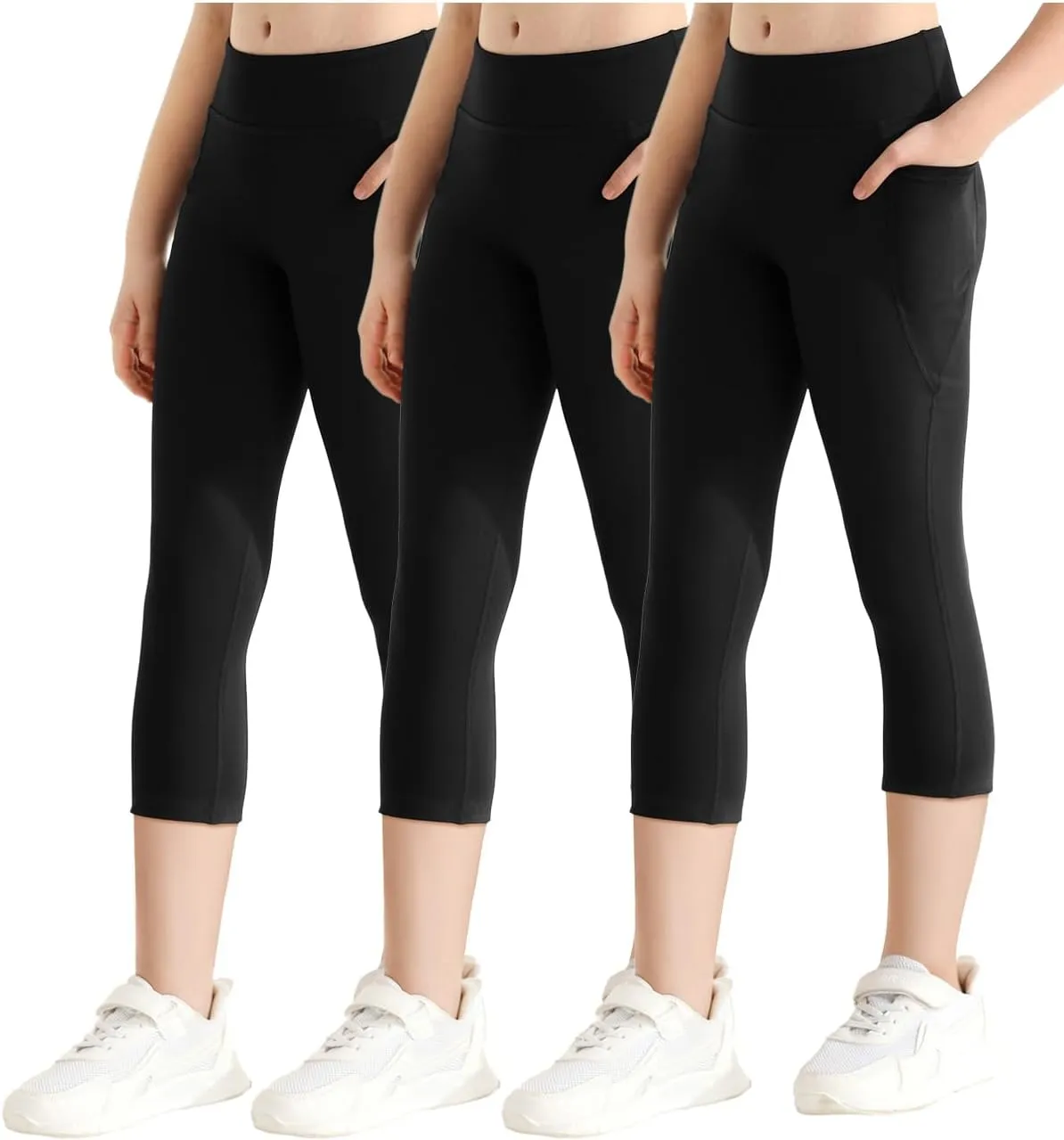 Girls Athletic Leggings with Pockets Black Capri Leggings Yoga Workout Active Pants for Teen Girls 3/4 Summer Shorts
