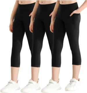 Girls Athletic Leggings with Pockets Black Capri Leggings Yoga Workout Active Pants for Teen Girls 3/4 Summer Shorts