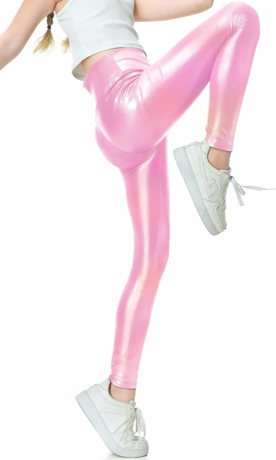 Girls Metallic Active Leggings Size 4-14 Years Shiny Sparkly Mystique Stretch Ankle Length for Kids Youth Teen