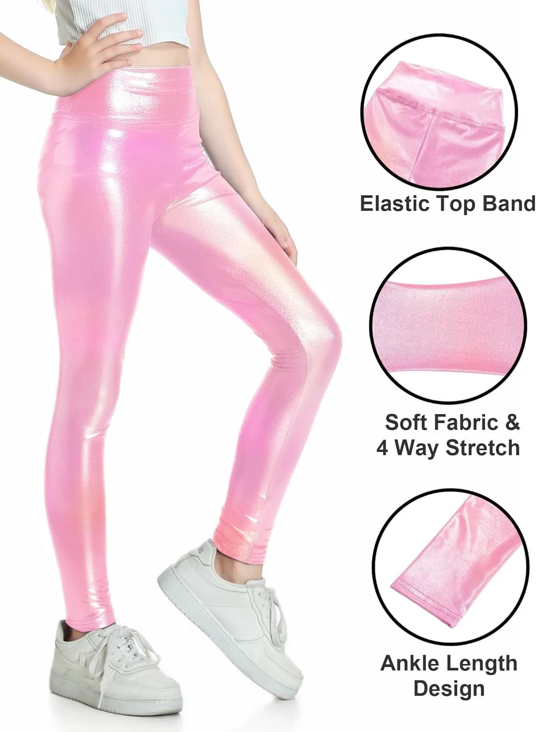 Girls Metallic Active Leggings Size 4-14 Years Shiny Sparkly Mystique Stretch Ankle Length for Kids Youth Teen