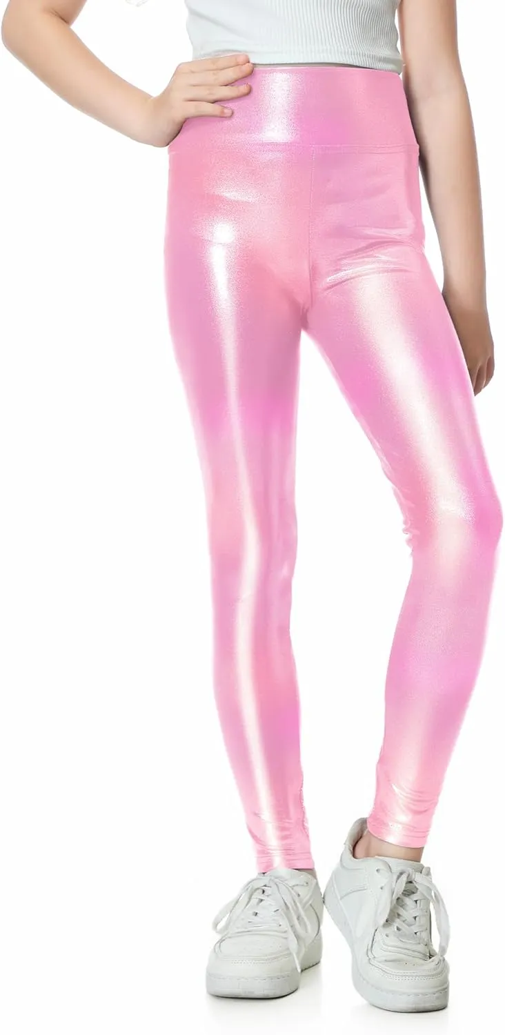 Girls Metallic Active Leggings Size 4-14 Years Shiny Sparkly Mystique Stretch Ankle Length for Kids Youth Teen