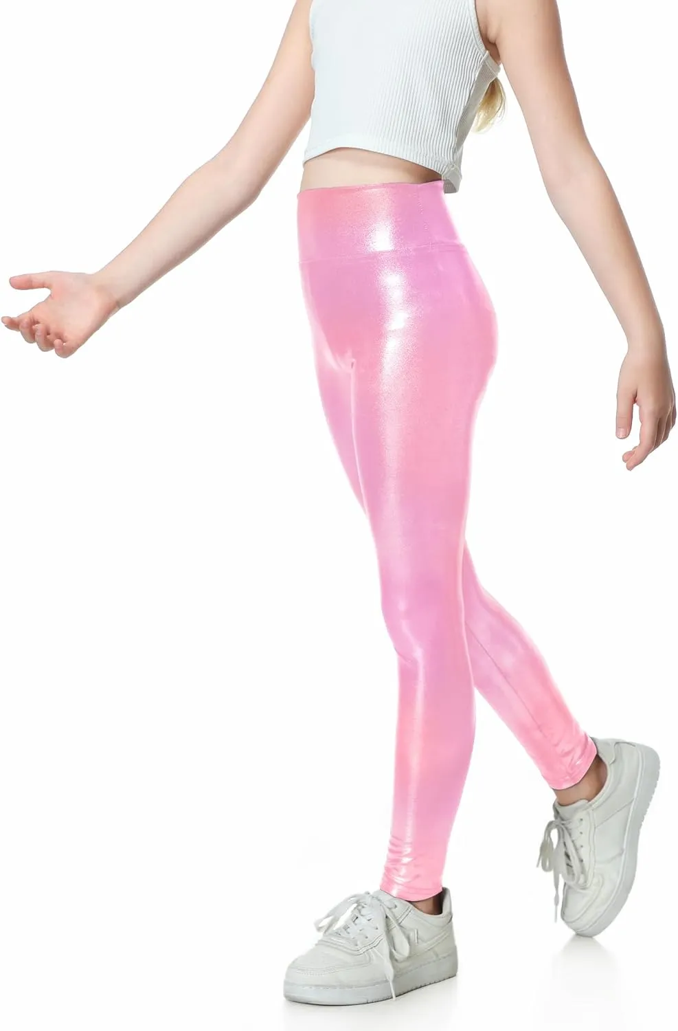 Girls Metallic Active Leggings Size 4-14 Years Shiny Sparkly Mystique Stretch Ankle Length for Kids Youth Teen