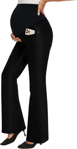 GLAMIX Women's Stretch Maternity Bootcut Jeans with Pockets Over The Belly Bell Bottoms Flare Denim Pants Pregnancy Clothes