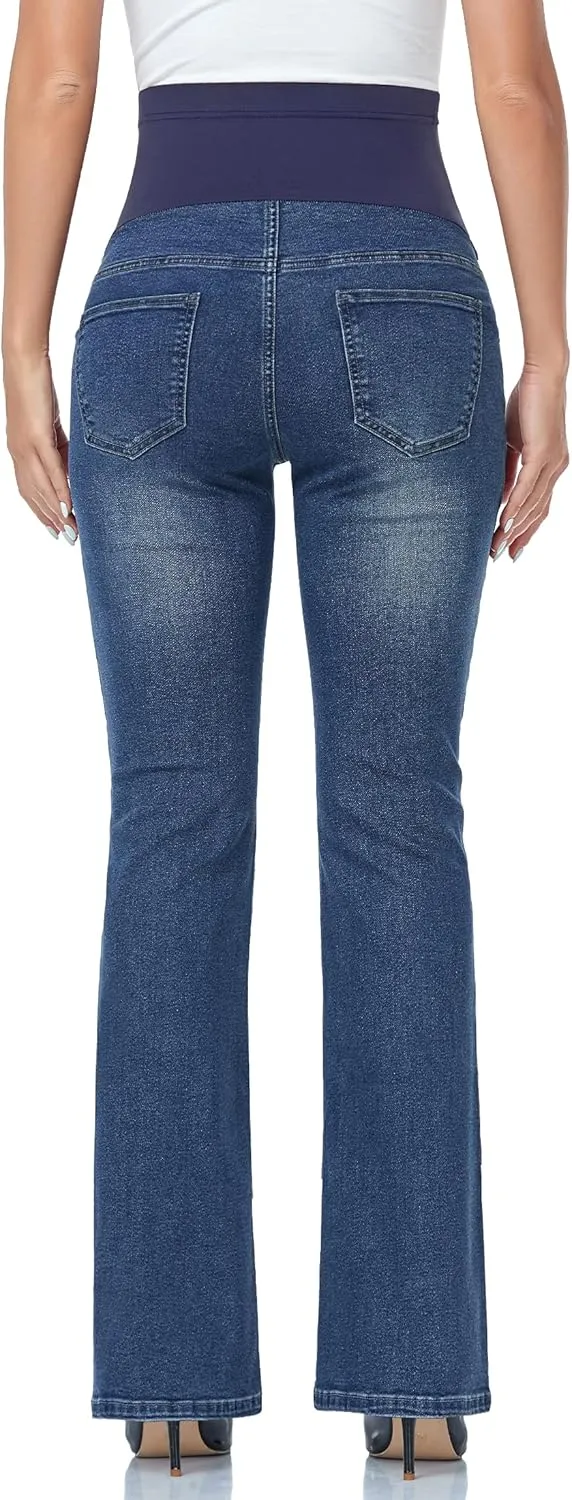 GLAMIX Women's Stretch Maternity Bootcut Jeans with Pockets Over The Belly Bell Bottoms Flare Denim Pants Pregnancy Clothes