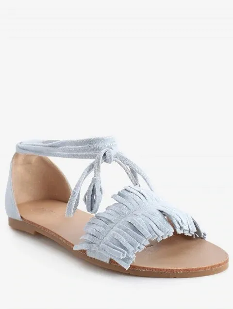 Graceful Fringes Flat Heel Lace Up Sandals