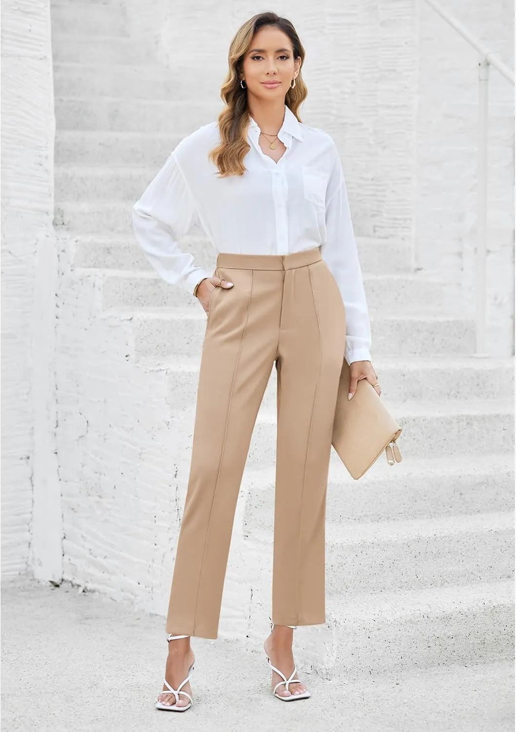 GRAPENT Dress Pants Women High Waisted Work Pants Dressy Casual Straight Leg Elastic Waist Cropped Trousers Ankle Slacks