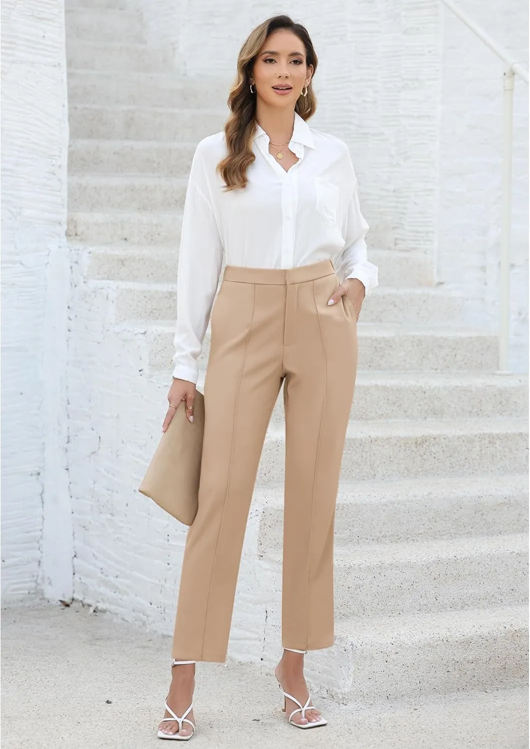 GRAPENT Dress Pants Women High Waisted Work Pants Dressy Casual Straight Leg Elastic Waist Cropped Trousers Ankle Slacks