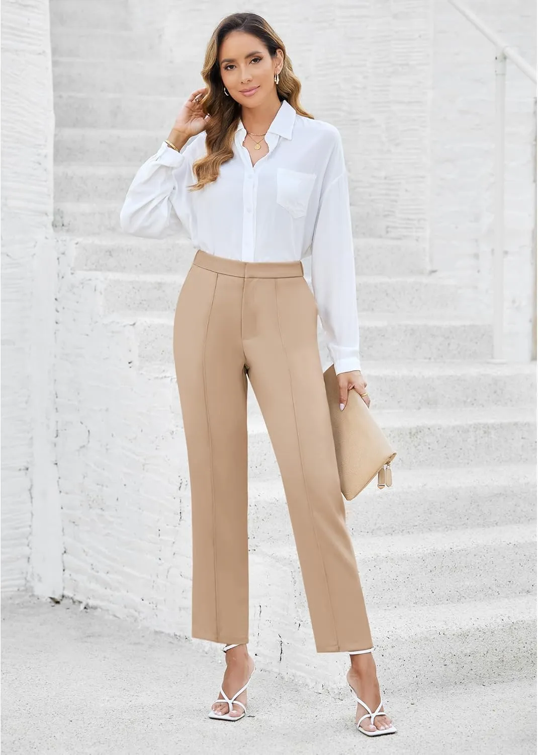 GRAPENT Dress Pants Women High Waisted Work Pants Dressy Casual Straight Leg Elastic Waist Cropped Trousers Ankle Slacks