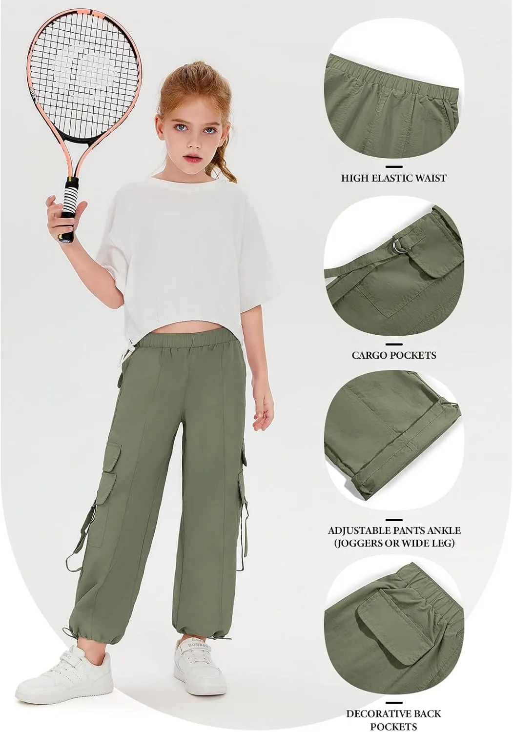 Haloumoning Girls Parachute Pants Kids Wide Leg Cargo Pants Y2K Street Trousers with Pockets 5-14 Years