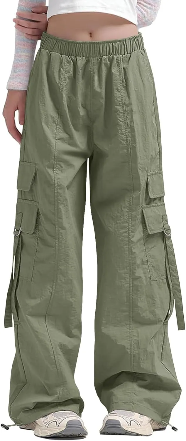 Haloumoning Girls Parachute Pants Kids Wide Leg Cargo Pants Y2K Street Trousers with Pockets 5-14 Years
