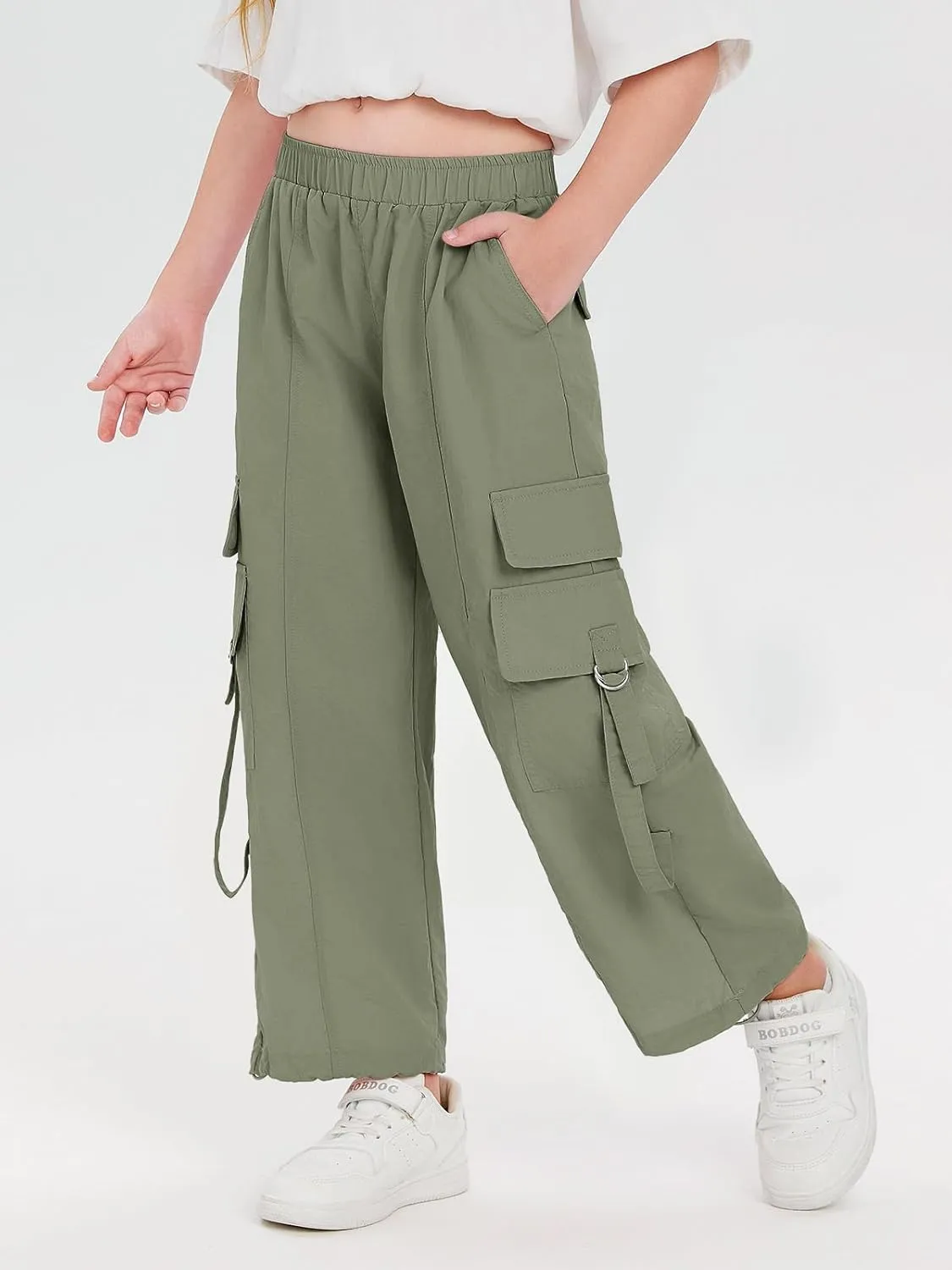 Haloumoning Girls Parachute Pants Kids Wide Leg Cargo Pants Y2K Street Trousers with Pockets 5-14 Years