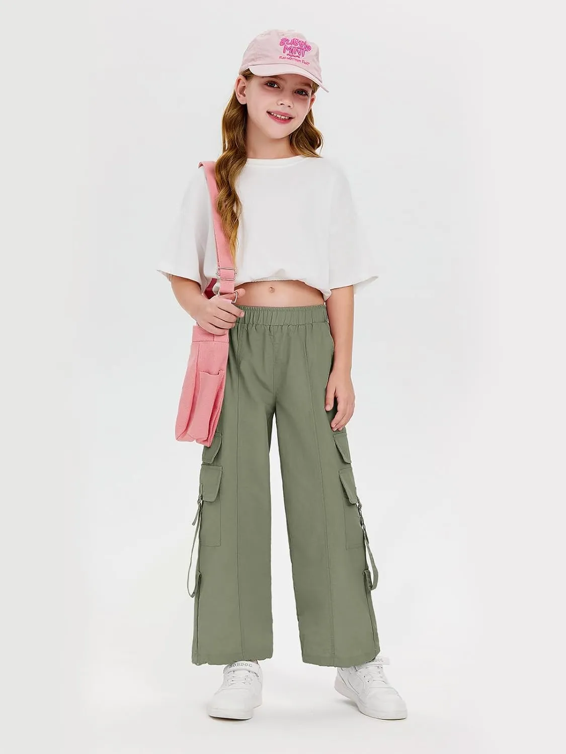 Haloumoning Girls Parachute Pants Kids Wide Leg Cargo Pants Y2K Street Trousers with Pockets 5-14 Years