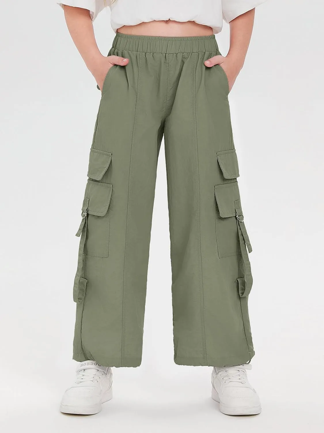 Haloumoning Girls Parachute Pants Kids Wide Leg Cargo Pants Y2K Street Trousers with Pockets 5-14 Years