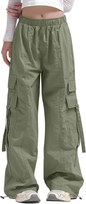 Haloumoning Girls Parachute Pants Kids Wide Leg Cargo Pants Y2K Street Trousers with Pockets 5-14 Years