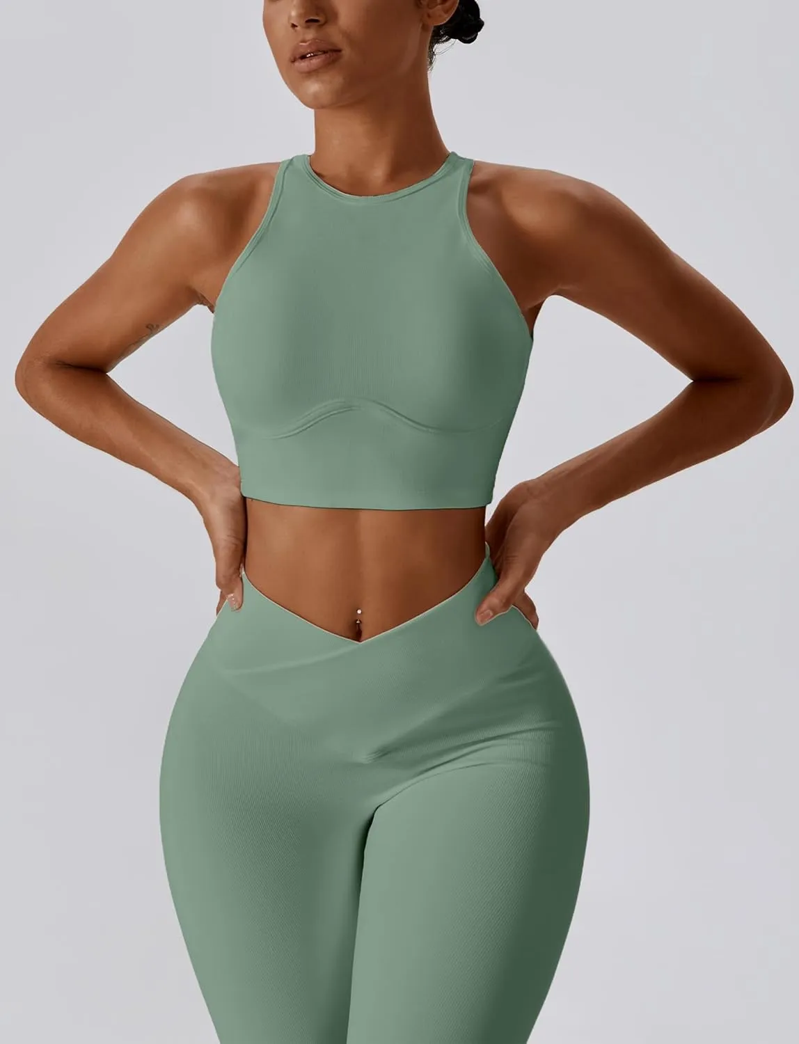 High Neck Longline Sports Bra for Women Supportive Workout Tops Built in Bra Racerback Yoga Gym Tank Crop Top