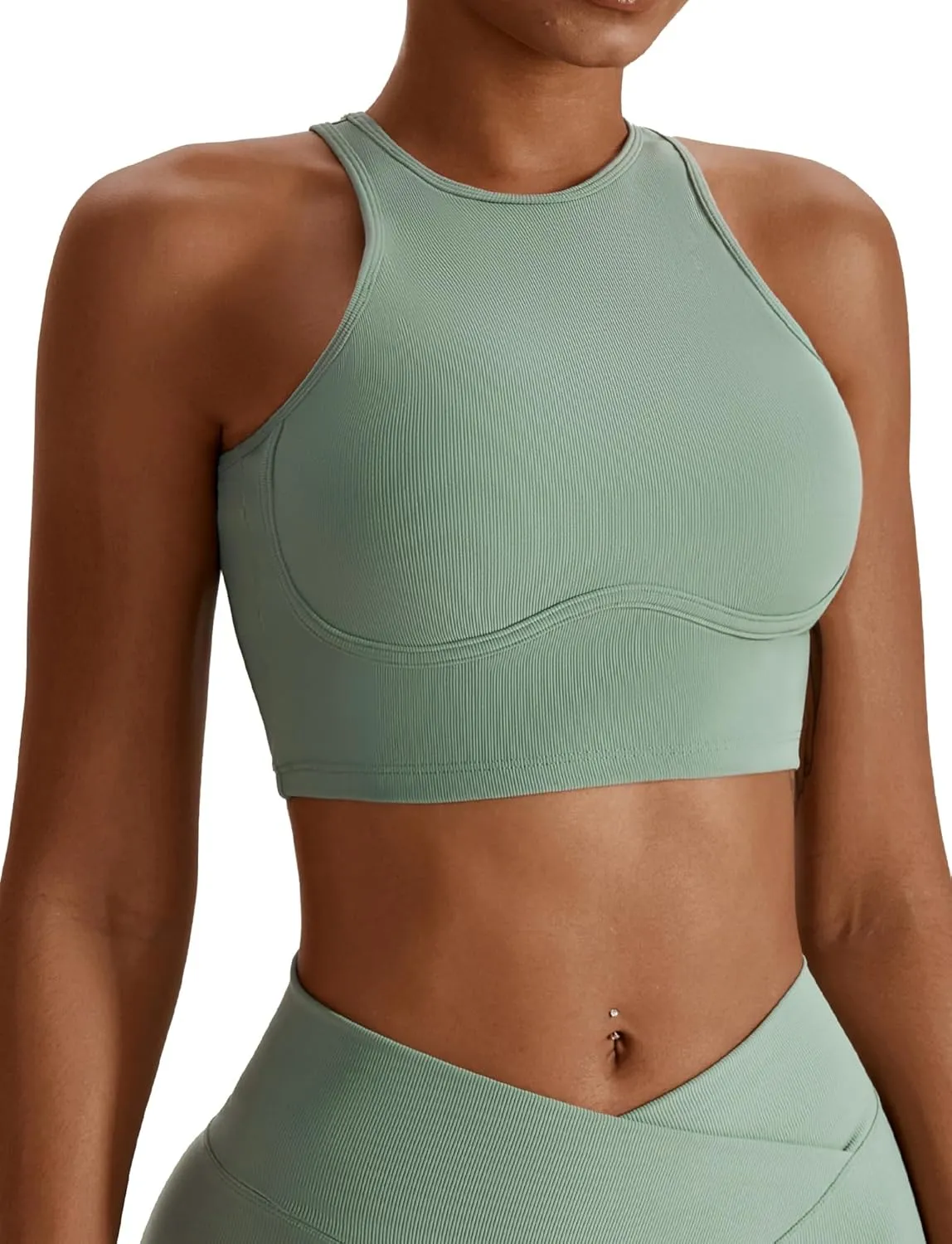 High Neck Longline Sports Bra for Women Supportive Workout Tops Built in Bra Racerback Yoga Gym Tank Crop Top