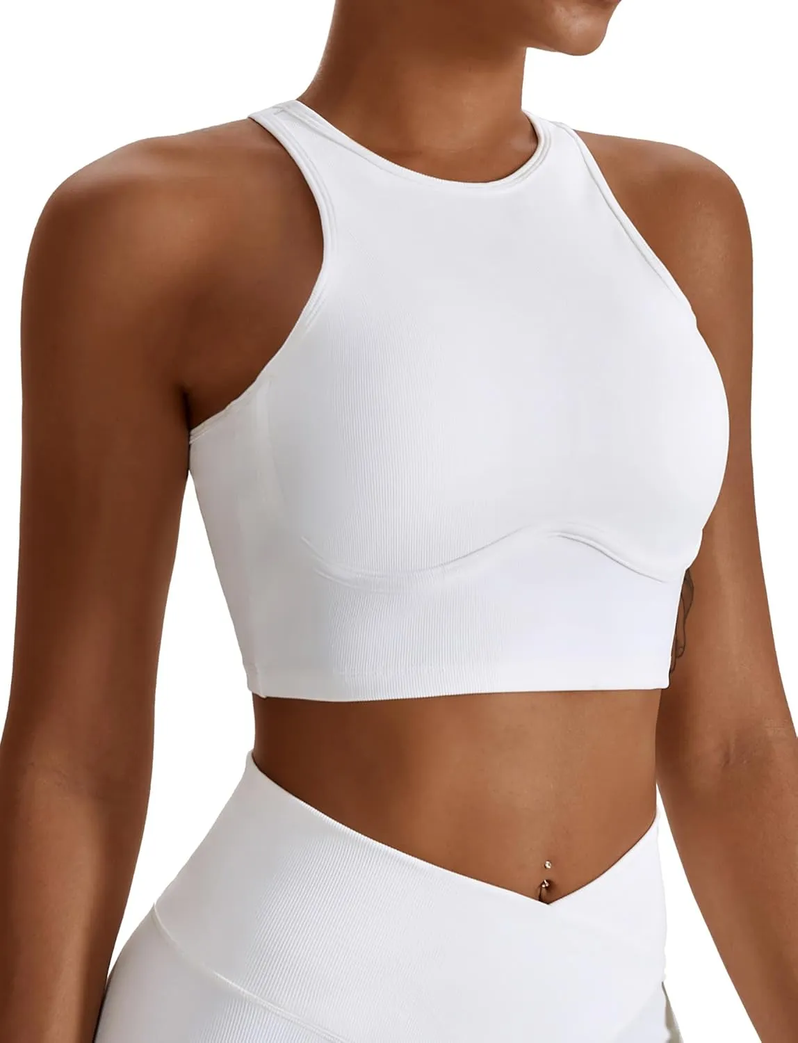 High Neck Longline Sports Bra for Women Supportive Workout Tops Built in Bra Racerback Yoga Gym Tank Crop Top