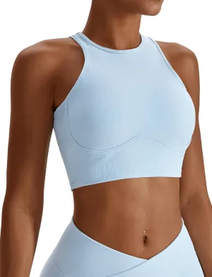 High Neck Longline Sports Bra for Women Supportive Workout Tops Built in Bra Racerback Yoga Gym Tank Crop Top