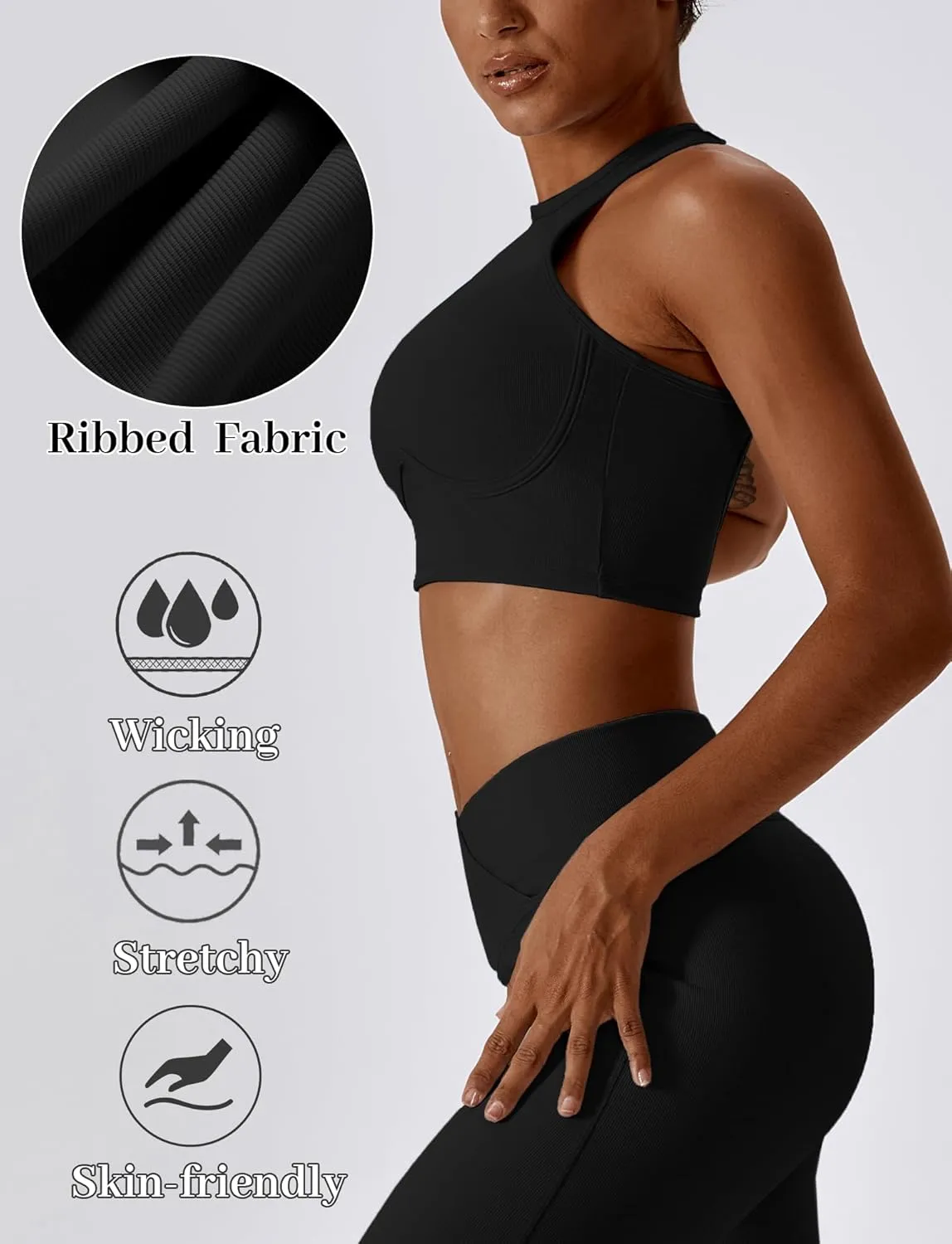 High Neck Longline Sports Bra for Women Supportive Workout Tops Built in Bra Racerback Yoga Gym Tank Crop Top
