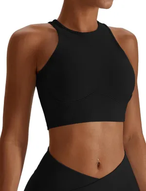 High Neck Longline Sports Bra for Women Supportive Workout Tops Built in Bra Racerback Yoga Gym Tank Crop Top