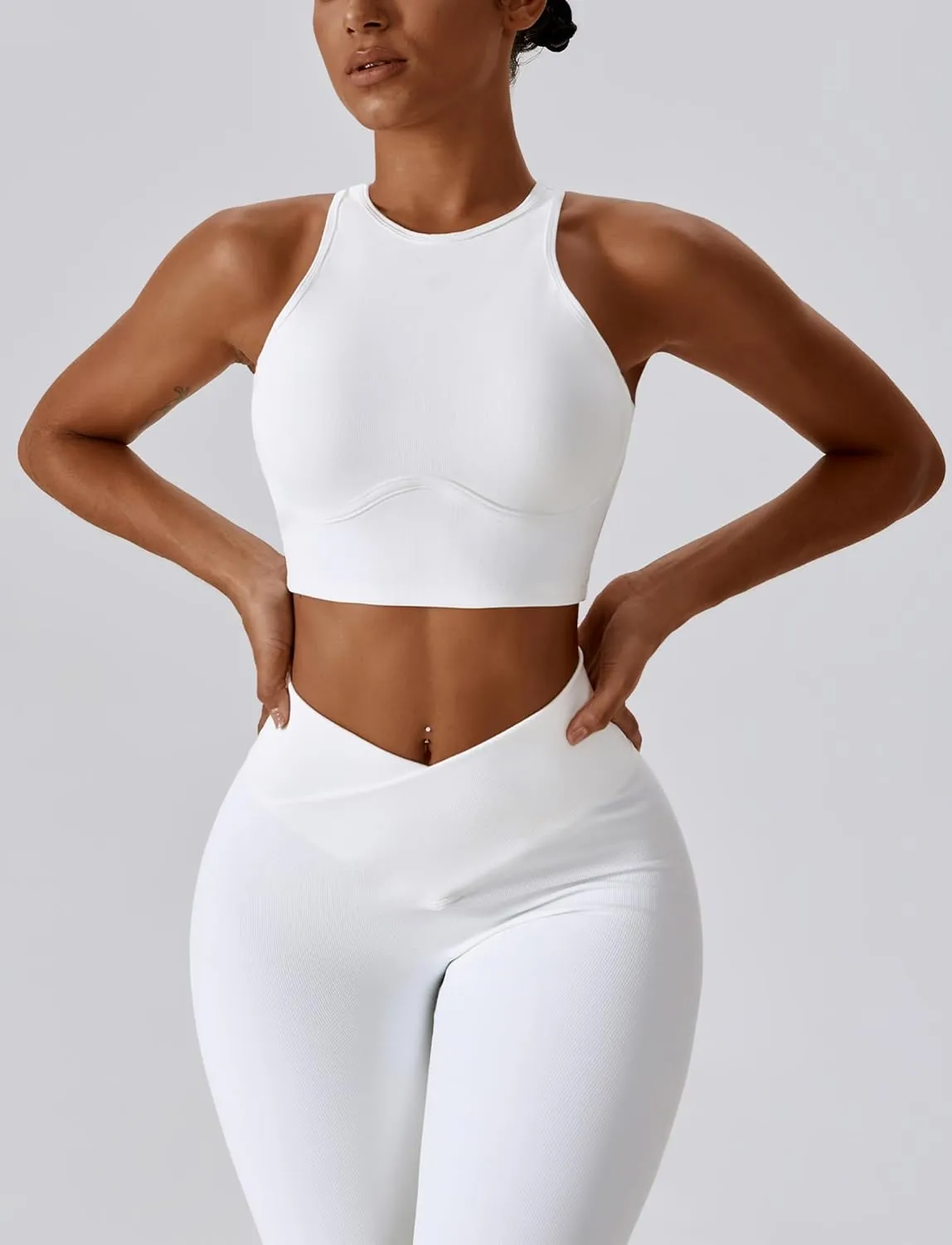 High Neck Longline Sports Bra for Women Supportive Workout Tops Built in Bra Racerback Yoga Gym Tank Crop Top