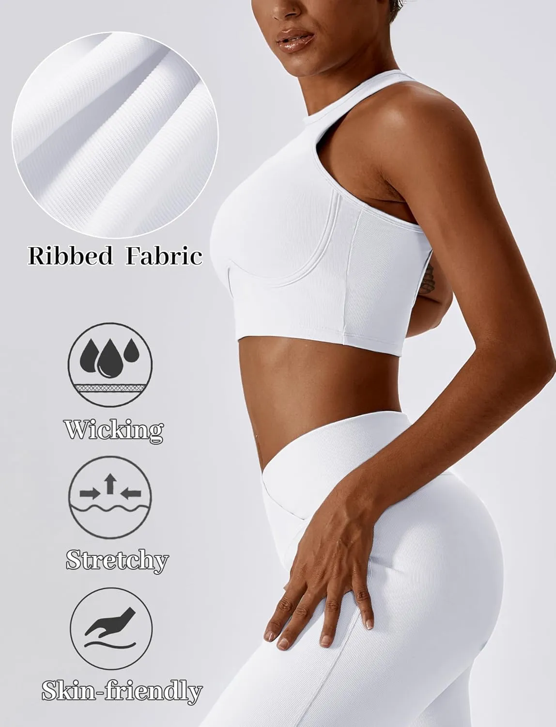High Neck Longline Sports Bra for Women Supportive Workout Tops Built in Bra Racerback Yoga Gym Tank Crop Top