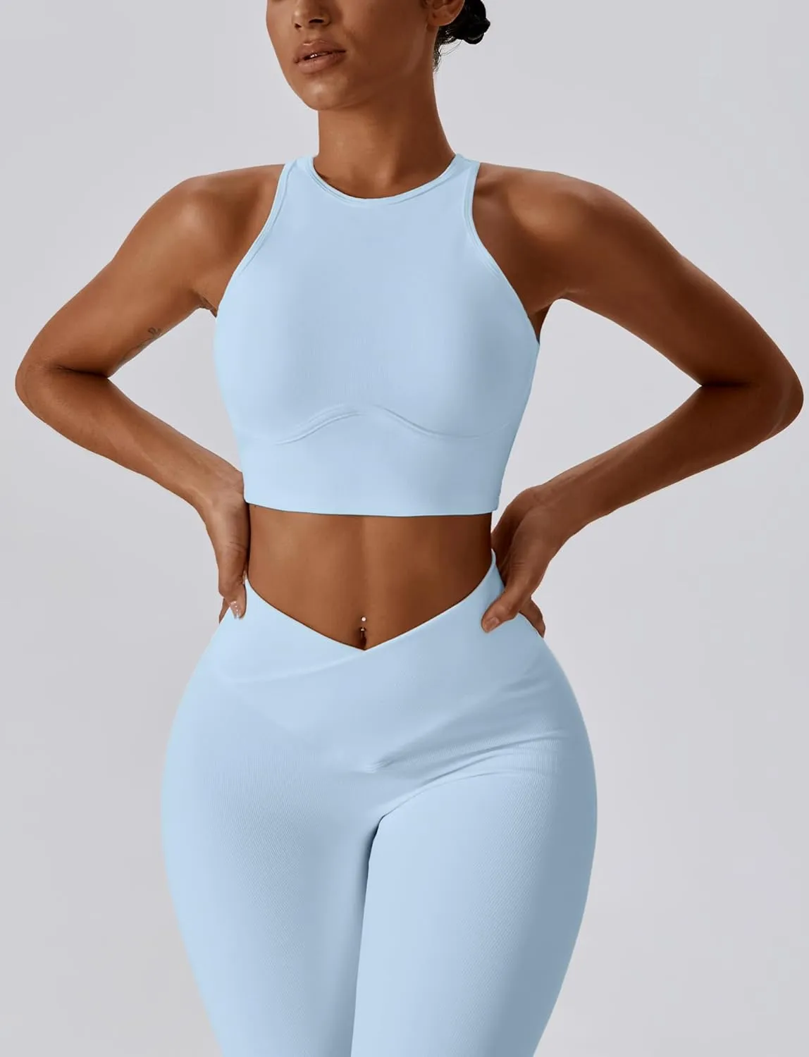 High Neck Longline Sports Bra for Women Supportive Workout Tops Built in Bra Racerback Yoga Gym Tank Crop Top