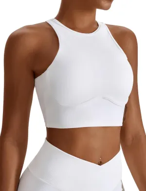 High Neck Longline Sports Bra for Women Supportive Workout Tops Built in Bra Racerback Yoga Gym Tank Crop Top