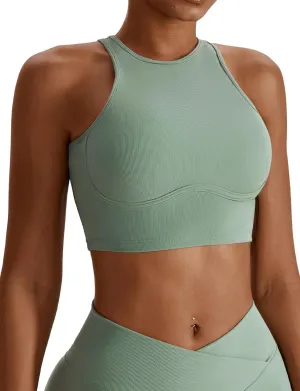 High Neck Longline Sports Bra for Women Supportive Workout Tops Built in Bra Racerback Yoga Gym Tank Crop Top