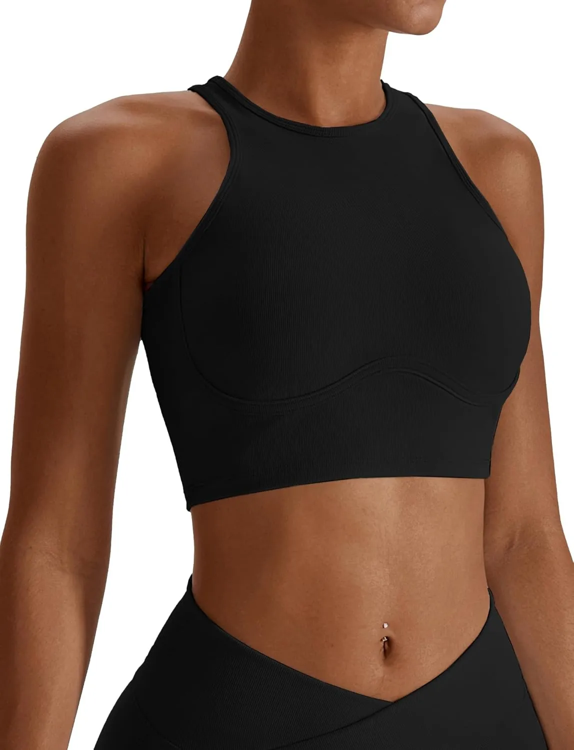 High Neck Longline Sports Bra for Women Supportive Workout Tops Built in Bra Racerback Yoga Gym Tank Crop Top