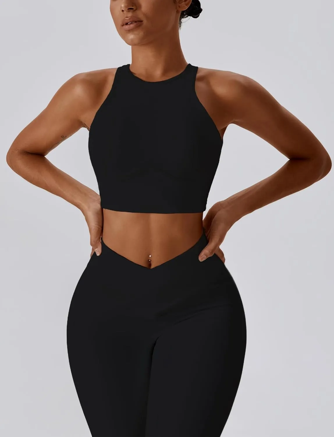 High Neck Longline Sports Bra for Women Supportive Workout Tops Built in Bra Racerback Yoga Gym Tank Crop Top