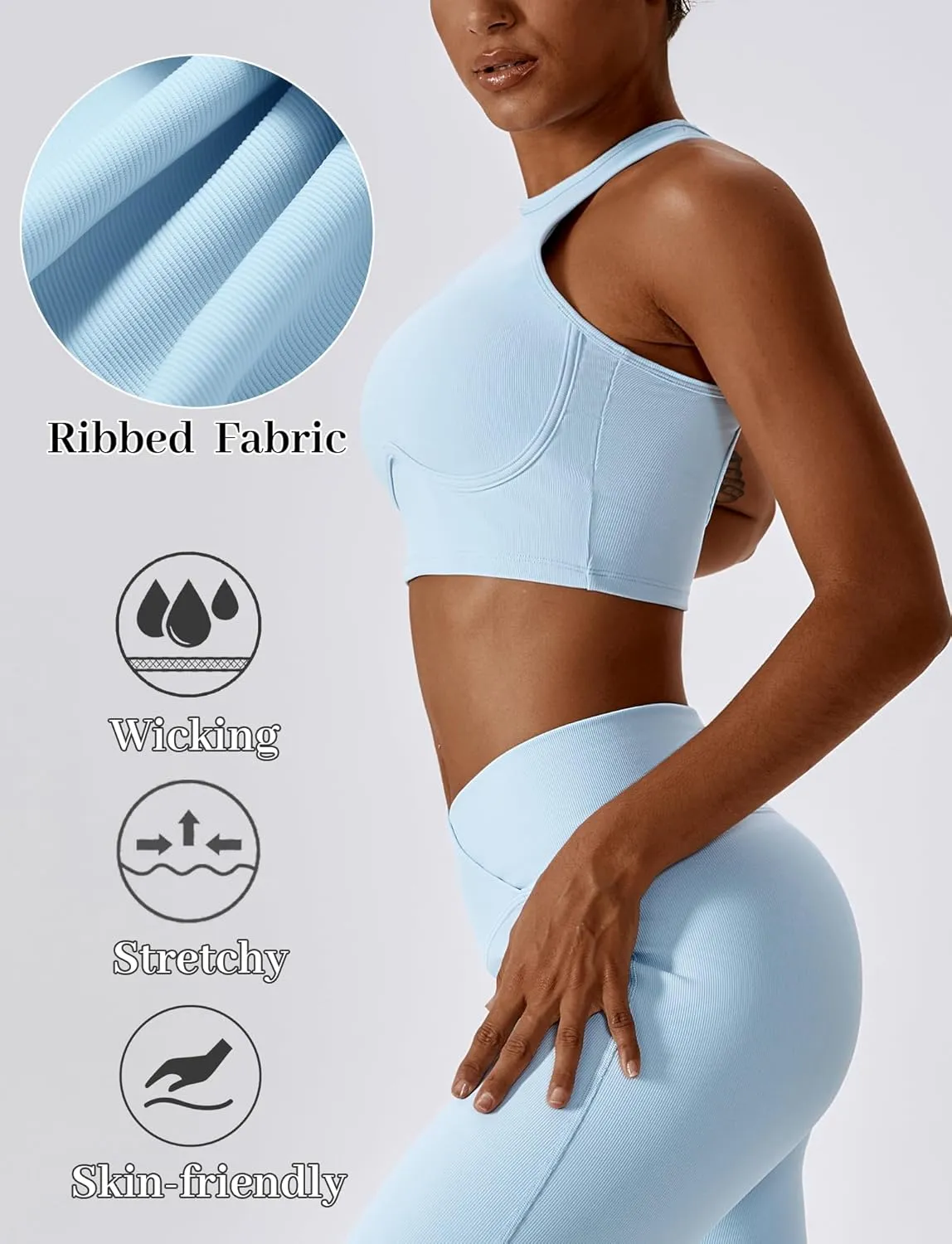 High Neck Longline Sports Bra for Women Supportive Workout Tops Built in Bra Racerback Yoga Gym Tank Crop Top