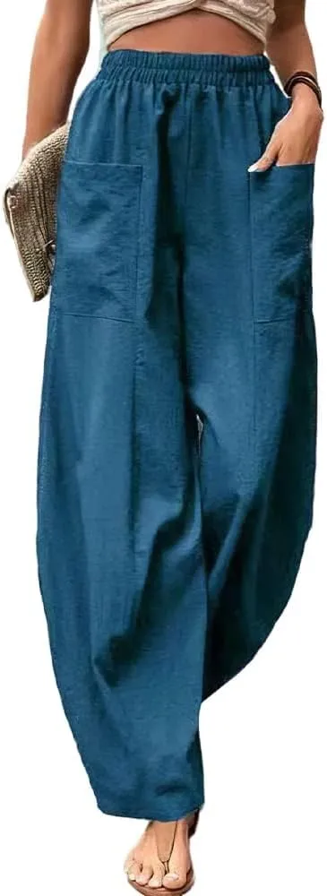 High Waist Relaxed Fit Lantern Trousers Plus Size Cotton Linen Casual Summer Elastic Pants for Women
