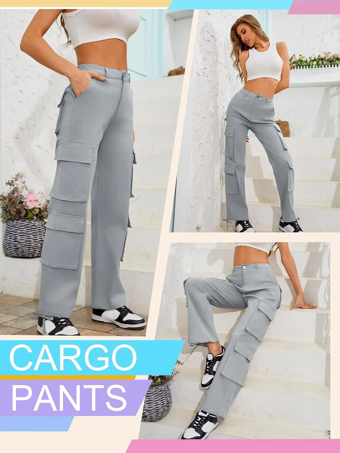High Waisted Pants for Women Cargo Pants Jogger Straight Wide Leg Baggy with Pockets Streetwear Parachute Pants Y2k