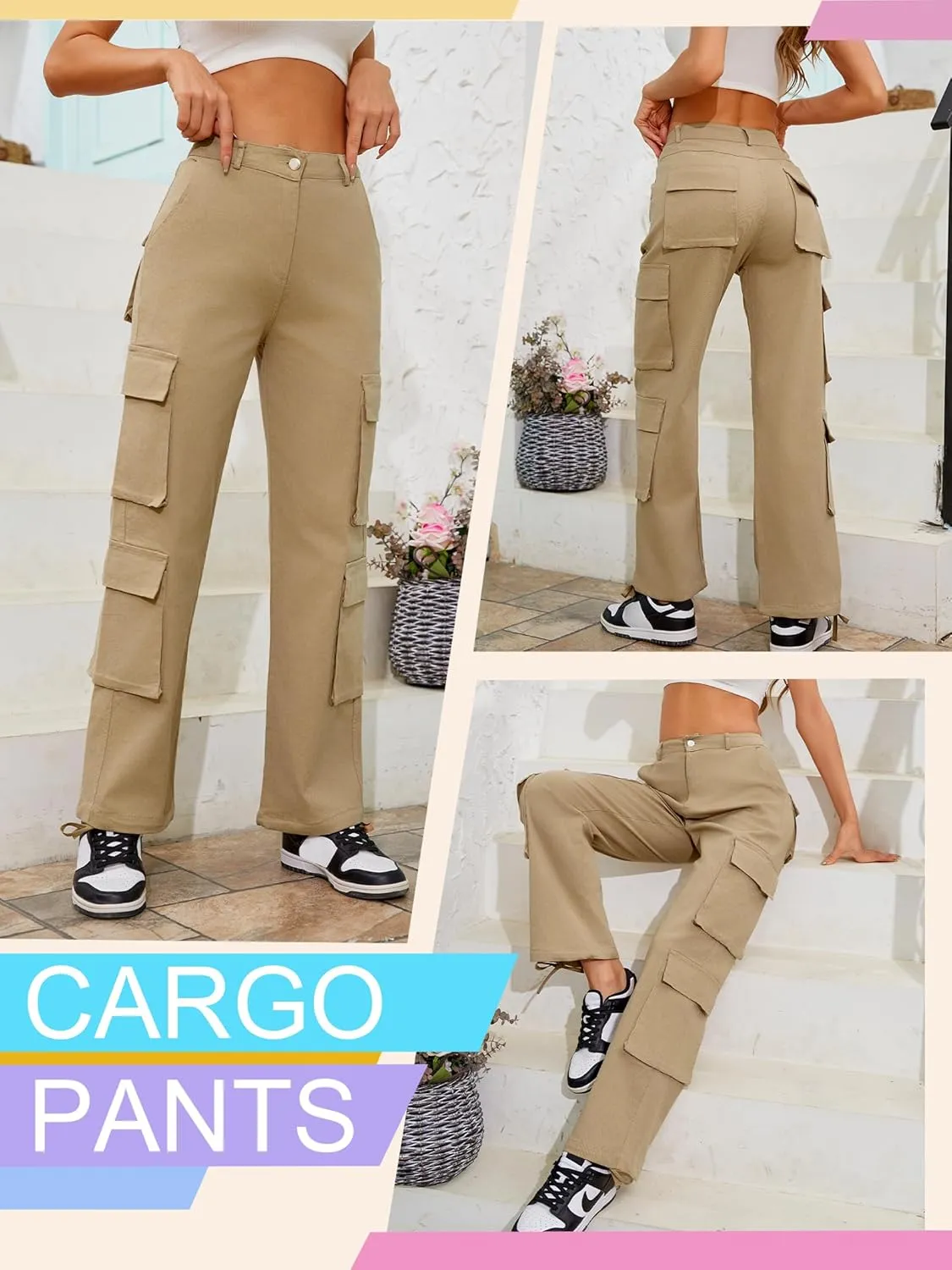 High Waisted Pants for Women Cargo Pants Jogger Straight Wide Leg Baggy with Pockets Streetwear Parachute Pants Y2k