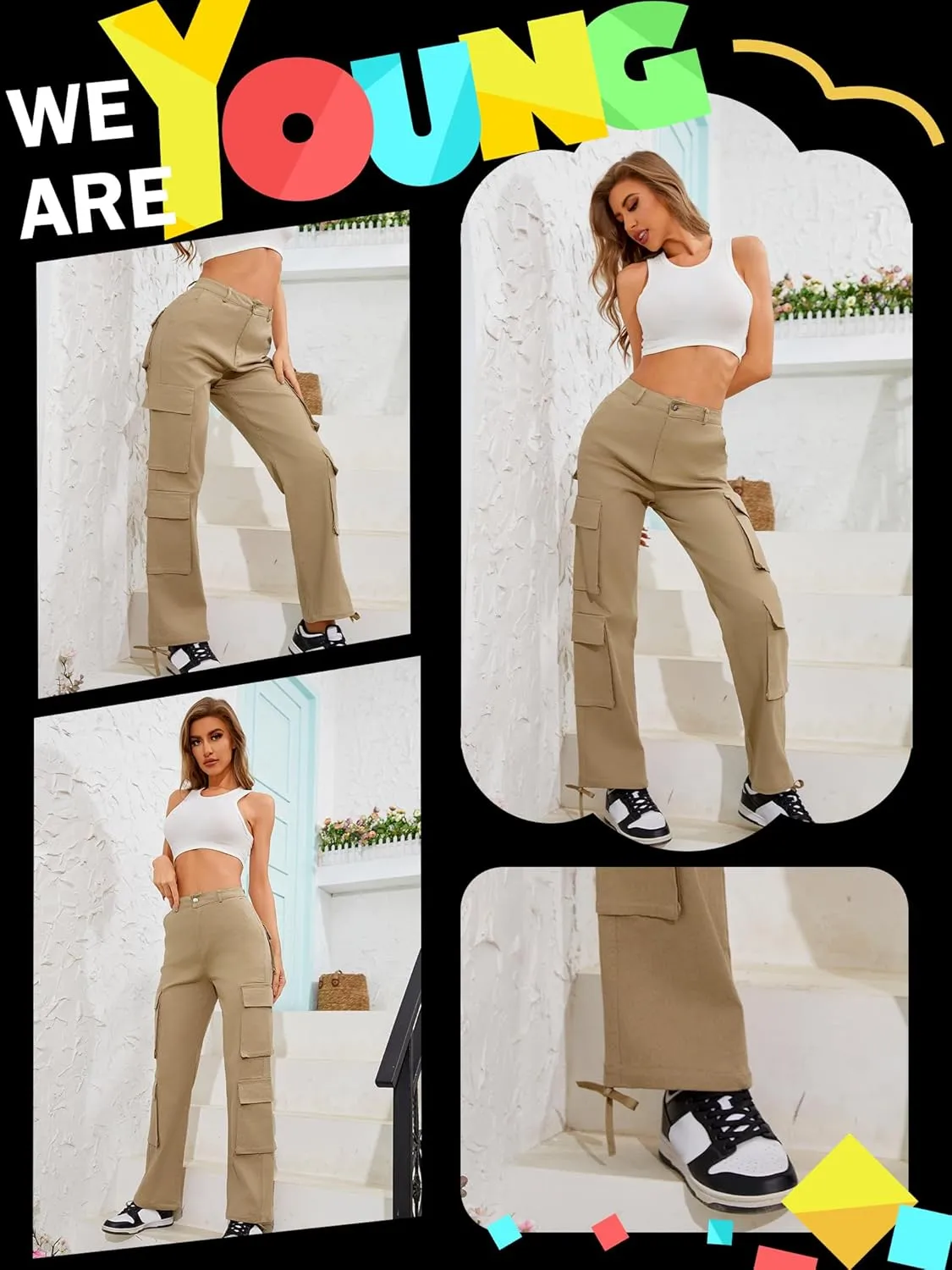 High Waisted Pants for Women Cargo Pants Jogger Straight Wide Leg Baggy with Pockets Streetwear Parachute Pants Y2k