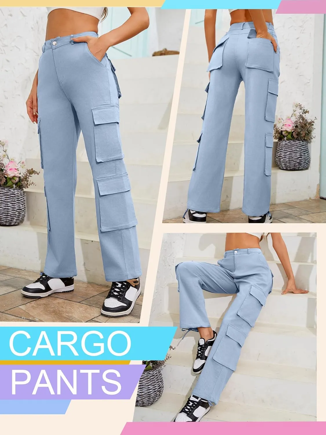 High Waisted Pants for Women Cargo Pants Jogger Straight Wide Leg Baggy with Pockets Streetwear Parachute Pants Y2k